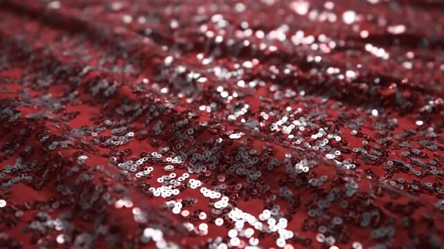 Red sequined fabric with shiny texture and reflective surface.