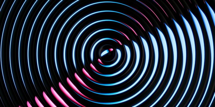 3D render of layered rings with a blue pink gradient effect, abstract geometric background of ribbed glass illuminated with pink and blue neon light