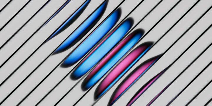Ribbed glass effect, 3D rendered design featuring a spherical shape with blue pink and black gradient behind white matte blinds