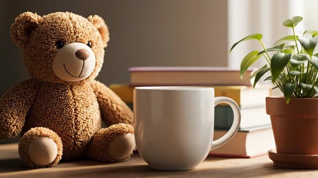 A comforting and serene indoor setup featuring a plush teddy bear, a warm beverage mug, and reading materials.