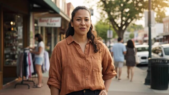 A confident Hispanic woman smiles warmly at the camera on a bustling main street. Shops and pedestrians create a lively urban vibe.