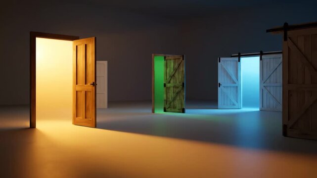 A dark room with several doors, each opening to reveal a different colored light, representing various paths and decisions in life.