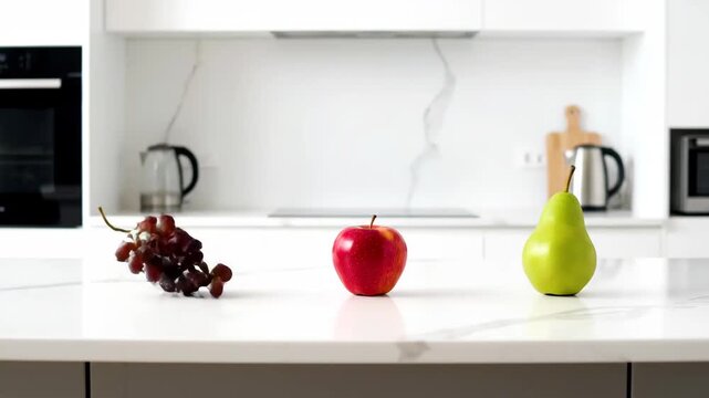 A dynamic stop-motion video of colorful fresh fruits appearing and disappearing on a pristine kitchen countertop. Healthy eating concept.