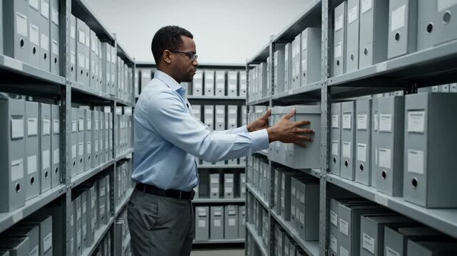 A focused African American man carefully places a grey storage box onto a shelf in a large, organized archive
