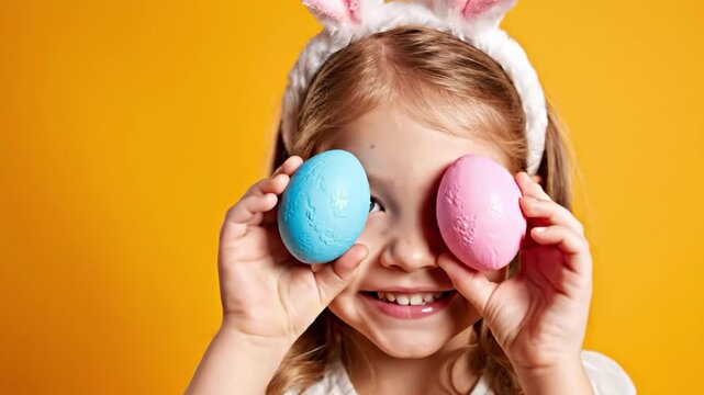 Happy child with bunny ears holding easter eggs over yellow background