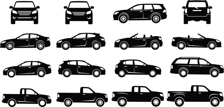 Vehicle silhouette set, different cars side, front and back view, sedan, suv, pickup and convertible, auto transport collection, vector illustration