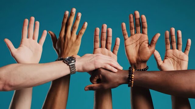 Diverse group of hands stacked together in unity