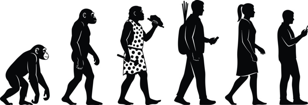 Human evolution silhouette set, from ape and caveman to modern people with smartphone, concept of development, progress, biology, vector illustration