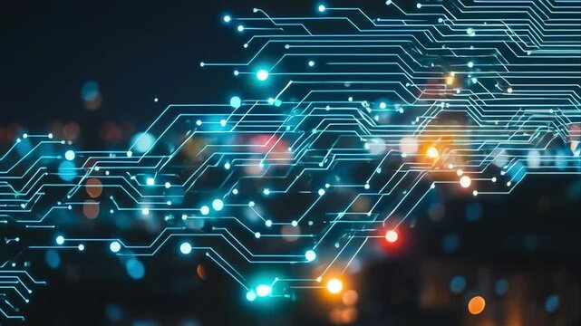 Futuristic Smart City Network with Glowing Digital Circuit Lines on Night Bokeh Background