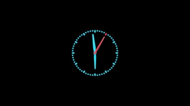 clock with neon hands and a dial. The second hand of the stopwatch, set to a 60-second cycle, indicates that it is 6:00. Video animation of the clock with alpha channel