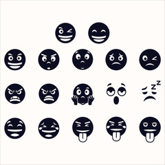 A curated set of 17 dark blue icons featuring diverse emoji and facial expressions for digital communication