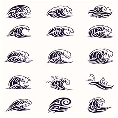 Abstract tribal style dark blue wave icons for nature and motion design