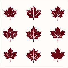 Nine dark red stylized maple leaf icons, perfect for Canadian themes and autumn designs