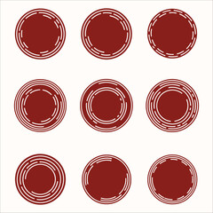 Set of 9 dark red circular graphic elements with linear patterns for design accents