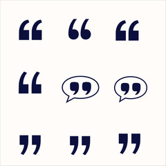 Set of 9 dark blue quotation mark icons and speech bubble symbols for dialogue and quotes