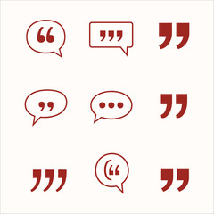 Collection of 9 dark red quotation mark icons and speech bubble symbols for text and dialogue