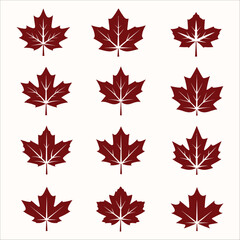 Collection of 12 stylized Canadian maple leaf graphics in a deep red hue, showcasing intricate vein details, ideal for national identity and seasonal design