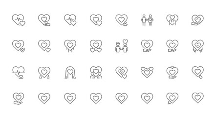 Love and Relationship Line Icons Set, Romantic Hearts and Affection Symbols, isolated white background.