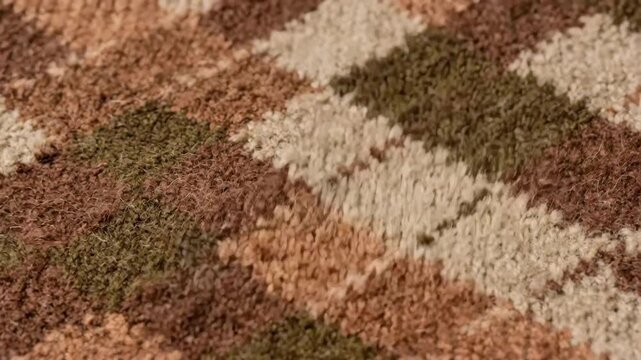 Closeup medium frame capturing detailed argyle pattern in warm earthy tones woven into soft Jacquard knit fabric.