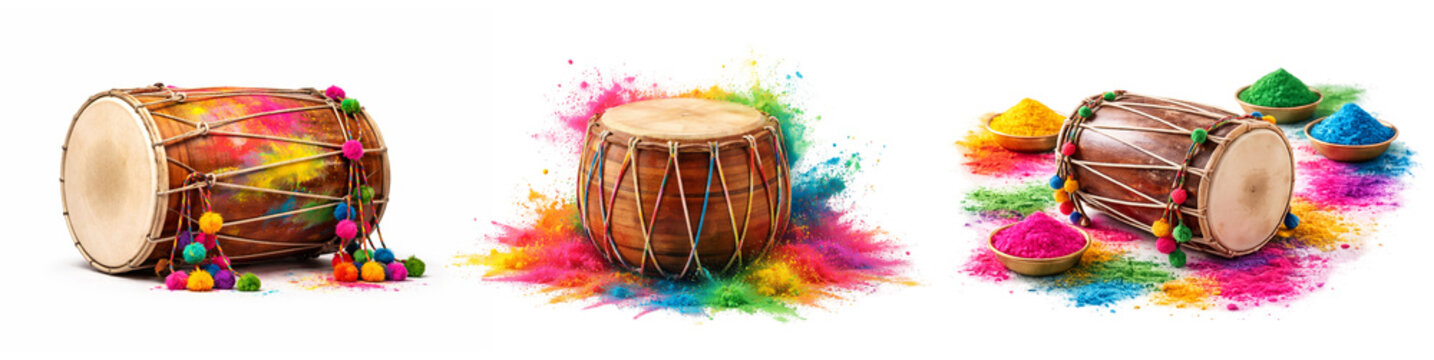 Traditional dhol drum for Holi festival with colorful gulal powder isolated on white background