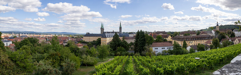 Obraz premium View from Michelsberg Monastery (Kloster St. Michael) in Bamberg, Bavaria, Germany, overlooking historic old town, vineyards and gardens, scenic UNESCO city panorama and European travel landmark.