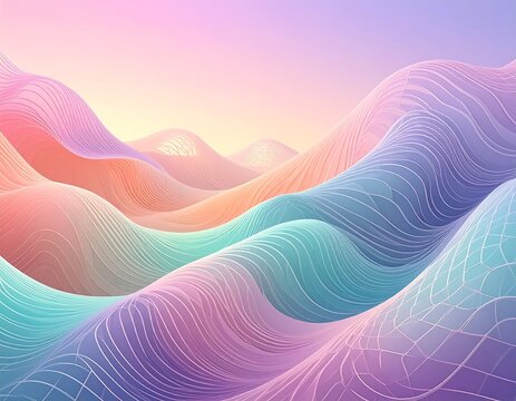 Soft, pastel, wave-like hills flow in gentle undulations against a gradiated sky background