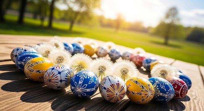 Colorful easter eggs decorated with yarn on a wooden table in a park