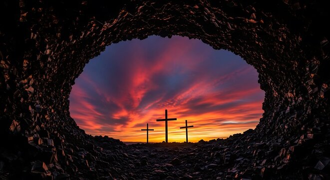 Silhouette of three crosses at sunset, dramatic sky, religious symbolism, easter