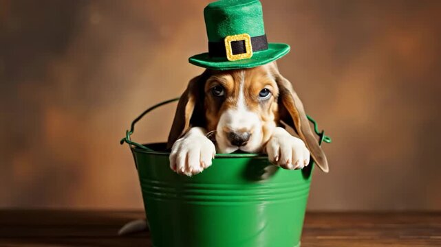 Adorable basset hound puppy wearing a green st patricks day leprechaun hat in a bucket