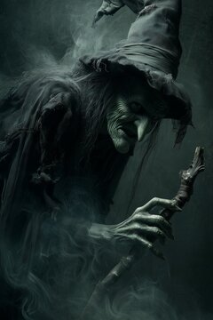 A hooded witch with a gnarled staff emerges from mist, her face shadowed. The eerie, dim lighting creates a mysterious, foreboding scene.