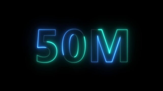 A vibrant neon display prominently showcases the text 50m in a glowing turquoise and electric blue aesthetic on a black background high quality professional detailed modern