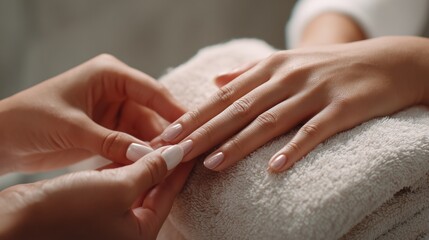 Nail technician applies polish to a client's nails in a salon setting during the day