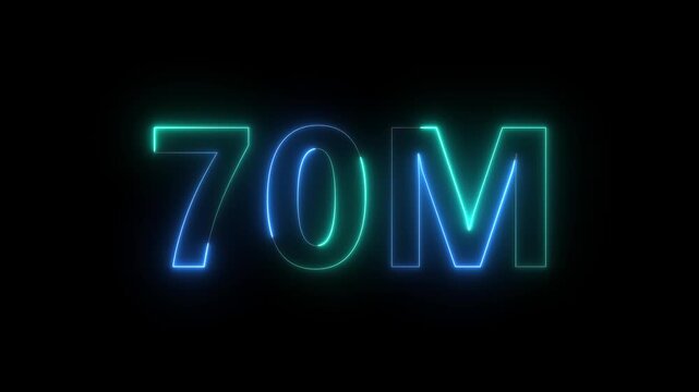 A vibrant glowing neon sign displays the text 70m in a stylized font against a stark black background creating a modern aesthetic high quality professional detailed
