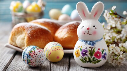 Obraz premium Easter bunny figurine with decorated eggs and pastries on wooden table.