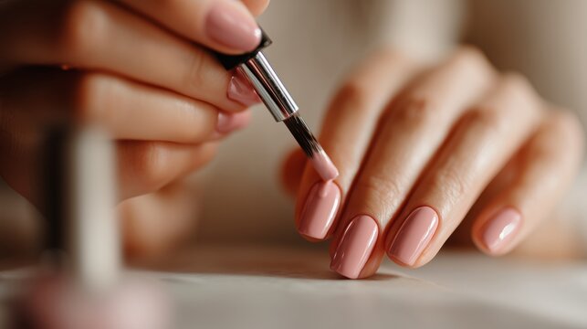 Woman applying nail polish while sitting at a table in a well-lit room during daytime