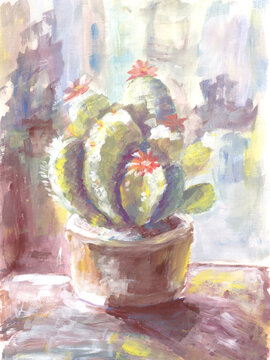 Blooming cactus in a pot, hand-painted tempera illustration on paper with limited color palette.