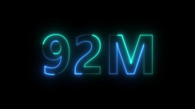 A glowing neon display showcases the numerical value 92m with a vibrant cyan and electric blue luminescence against a dark backdrop high quality professional detailed modern