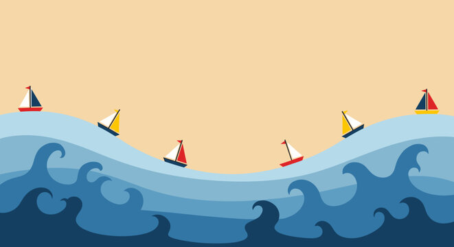 Colorful illustration of sailboats on ocean waves against a warm background with copy space