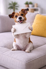 Cheerful Dog Holding A Letter On Sofa