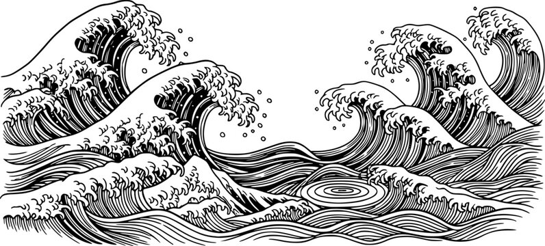 Asian japanese or chinese sea waves, vector oriental art. Vintage asian waves with ocean and sea water flow texture. Blue line splashes and tsunami surf with water swirls and ripples pattern