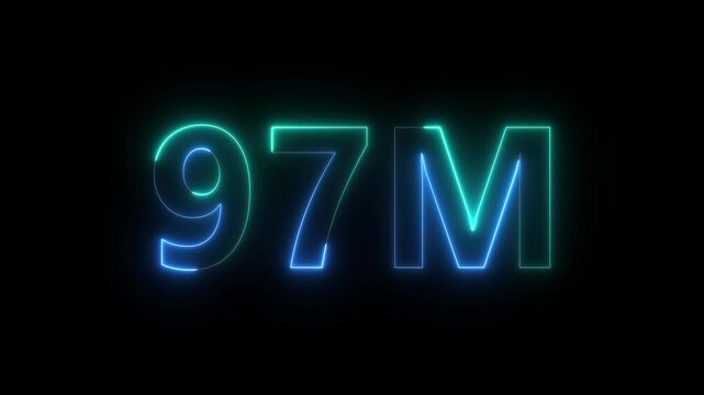 A vibrant glowing neon sign displays the number 97m in a modern stylized font against a completely black background high quality professional detailed modern elegant stylish