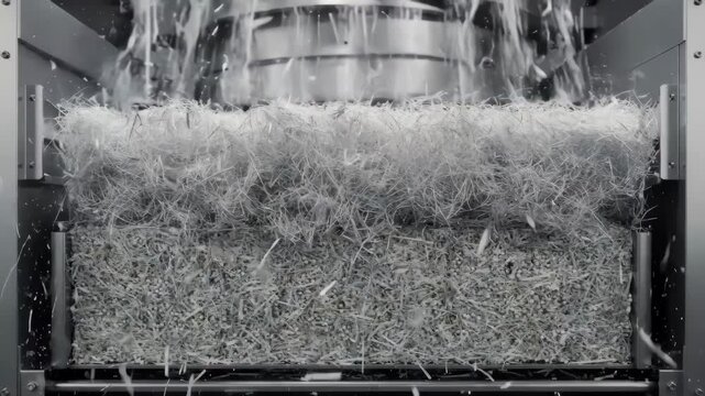 Closeup medium view of absorbent core fibers in airlaid web forming chamber highlighting dense fiber distribution as they collect in the forming box for enhanced moisture