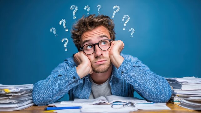 Confused young caucasian male student studying amidst piles of books with question marks.