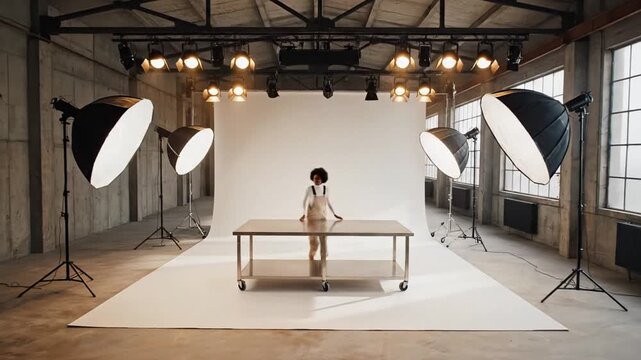 Empty photo studio with softbox lights and seamless backdrop, minimalist set for product shoots and filming, calm creative workspace for advertising and branding