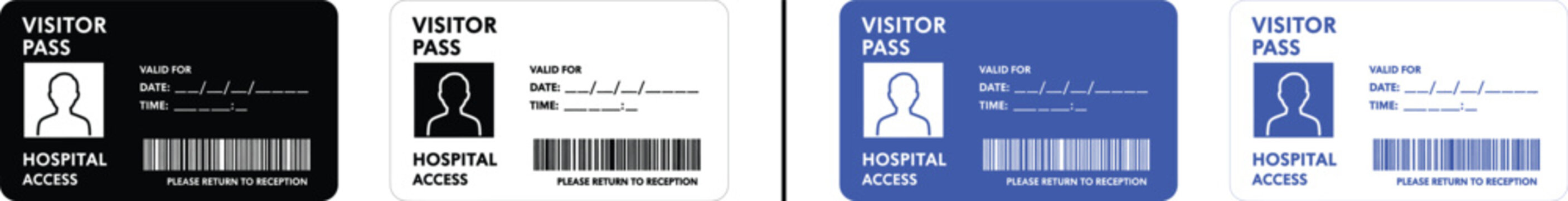 hospital visitor pass icon isolated on white background, black and blue vector illustration of security access card for medical facilities and healthcare administration.