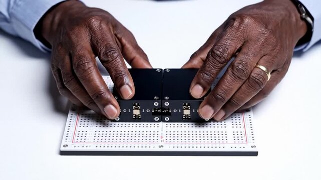 Close view of black male hands wiring a microcontroller on breadboard, practical electronics prototyping for education and repair, focused mood for STEM learning