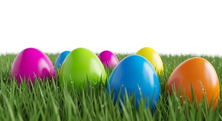 Colorful easter eggs on green grass background for spring holiday celebration
