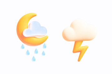 3D Weather Icons for Night Rain and Thunderstorm