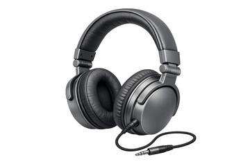 Black professional wired stereo headphones with audio jack connecting, listening to music or sound, transparent background