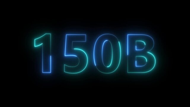 A vibrant glowing neon sign displays the numerical value of 150b against a stark black background radiating futuristic energy high quality professional detailed modern elegant stylish